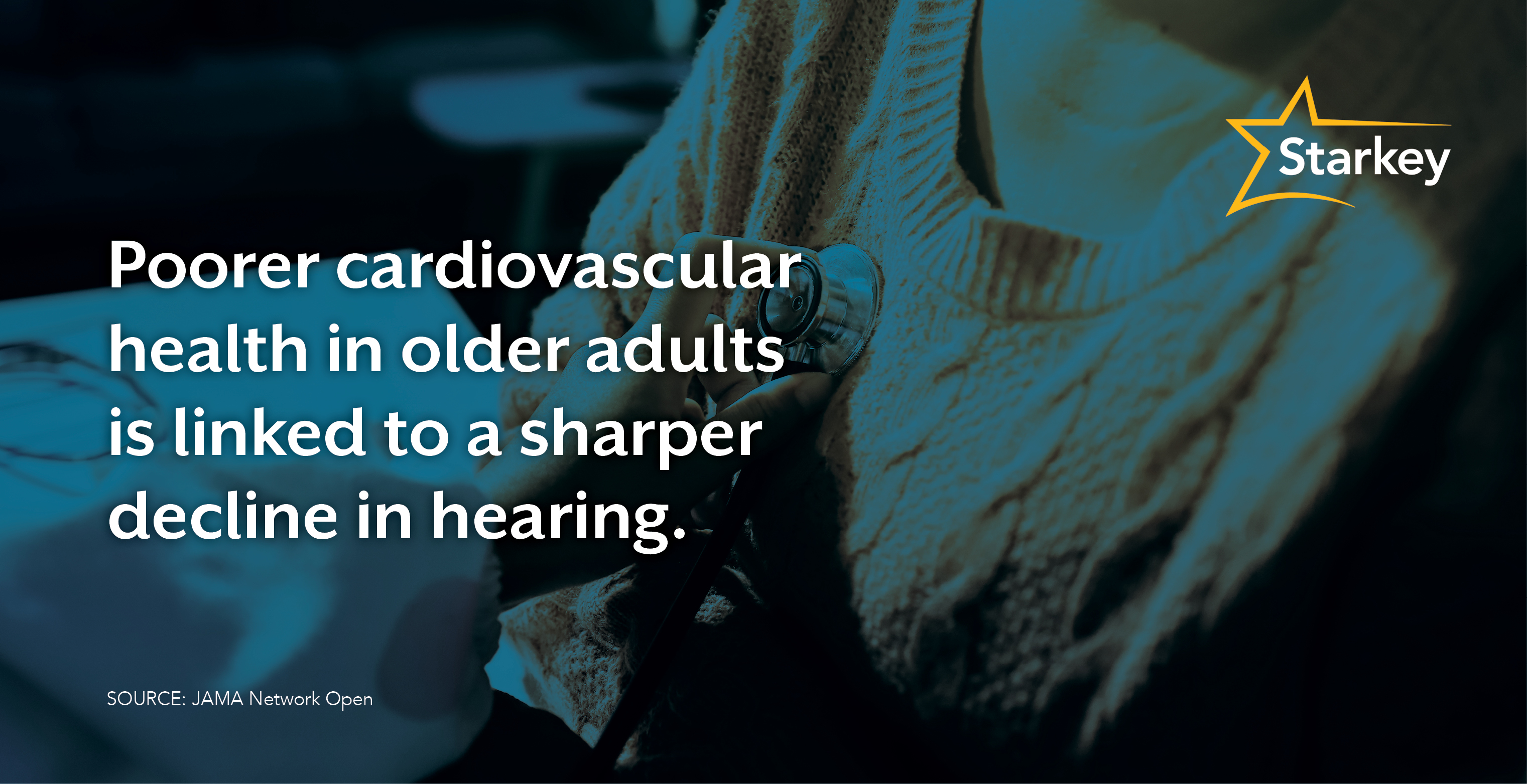 Image of stethoscope on female patient beside text that says poorer cardiovascular health in older adults is linked to a sharper decline in hearing